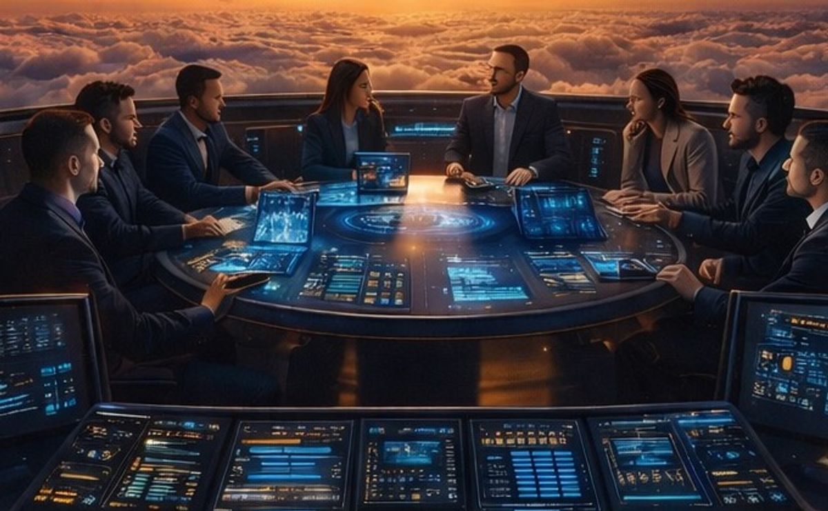 Command table with AI-assisted screens coordinating strategy, planning, and execution