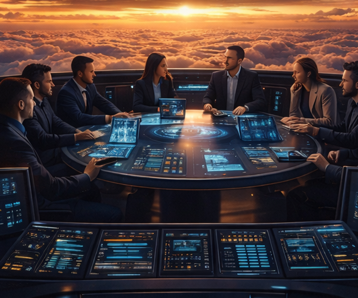 Leadership team gathered around a command table with AI-assisted displays and a sunrise horizon ahead